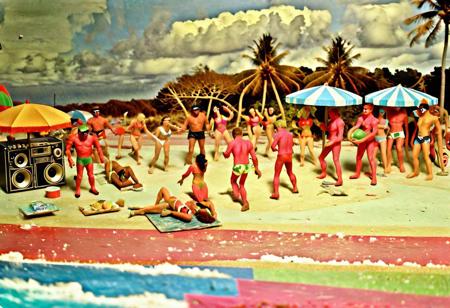 A 3d stereoscopic color Birdseye view photograph, hundreds of tourists engaged in various beach activities ,wearing expensive, tacky tropical clothing, watermelon monsters attack, a bloody mess, a birds eye view of a crowded tropical beach,1960s science fiction retrofuturism, b-movie, pulp, campy, Leica M3, film grain, beach volleyball, building sand castles, dancing, keg stands, sunbathing, soccer, boom box, wrestling, sun umbrella, snack shack, surfer, beach ball, shark, surfer riding wave