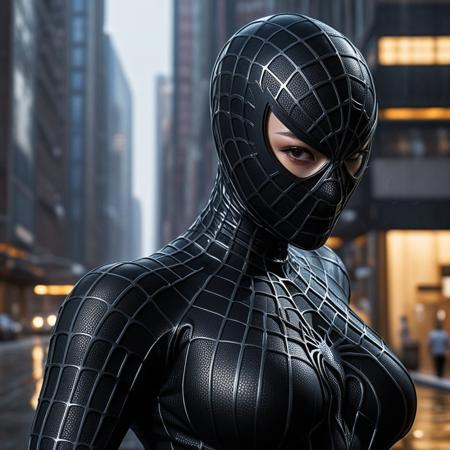 score_9, score_8_up, score_7_up, best quality, realistic, masterpiece, beautiful detail, hyperrealistic, ((1girl, woman body, big breasts)), amazing detailed full body of a beautiful korean girl, wearing a realistic and highly detailed black raimi spider-man suit, ((huge muscular girl)), amazing detailed full body portrait of a sexy korean girl, wearing a realistic and highly detailed black raimi spider-man suit, ((wears black spider man mask)), professional model wears ultra - detailed black raimi spider - man suit, ultra - detailed and grained raimi spiderman suit, suit covered entire body and hand, spiderman gloves, wet,, wet, (close up selfie pose), close up, octane render, highly detailed, volumetric, dramatic lighting, (highest quality:1.1), (HDR:1.3), (top quality, best quality), realistic, high definition, sharp contrast between light and shadow, athletic and fit physique, highly detailed and accurate portrayal, photorealistic rendering, tense and alert atmosphere cinematic scene, cinematic lighting, intricate detail skin and facial texture, lifelike expression, accurate character design, interesting and complex background details,
