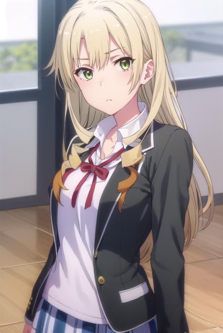 yumikomiura, <lora:yumiko miura s2s3-lora-nochekaiser:1>, 
yumiko miura, long hair, blonde hair, (green eyes:1.3), drill hair,
BREAK skirt, ribbon, school uniform, jacket, black jacket, plaid, plaid skirt, blazer, sobu high school uniform,
BREAK indoors, classroom,
BREAK looking at viewer, (cowboy shot:1.5),
BREAK <lyco:GoodHands-beta2:1>, (masterpiece:1.2), best quality, high resolution, unity 8k wallpaper, (illustration:0.8), (beautiful detailed eyes:1.6), extremely detailed face, perfect lighting, extremely detailed CG, (perfect hands, perfect anatomy),