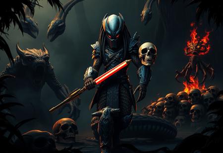 A fearsome grimdark warrior in intricate biomechanical armor inspired by Predator, stands center in a dense, shadowed alien jungle. It holds a plasma weapon and a bloody skull trophy. To the left, a looming twin-headed monster. To the right, a pile of fiery skulls. In front, a venomous serpent deity. Dramatic chiaroscuro lighting, volumetric atmosphere, central focus, Golden Ratio composition. Grimdark fantasy horror, Splash Ink Illustration, Octane Render, Unreal Engine 5. High detail, 8k UHD, trending on Artstation.
