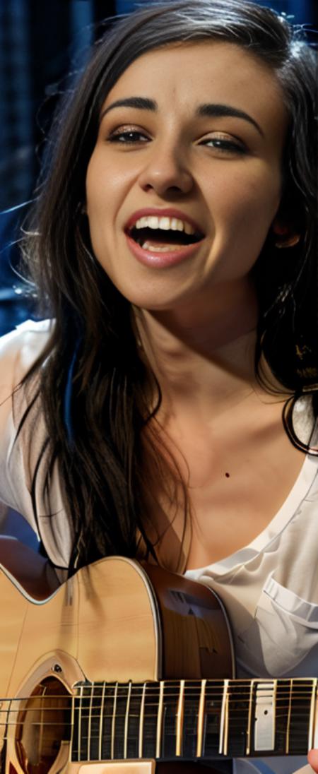 <lora:LightsV2:1> a woman  , singing, playing a guitar, white  shirt, black hair. beautiful face