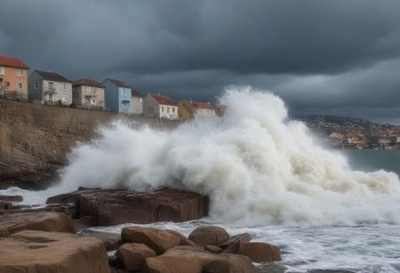 very realistic photography of the raging sea hitting a large rock creating a big splash near a village of houses with diverse colors, cloudy sky background