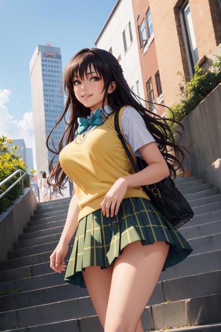 masterpiece, best quality, <lora:kotegawayui-nvwls-v1-000009:0.9> defYui, yellow sweater vest, white shirt, short sleeves, green bowtie, plaid miniskirt, large breasts, stairs, loafers, socks, blue sky, cityscape, smile, happy, from below, walking