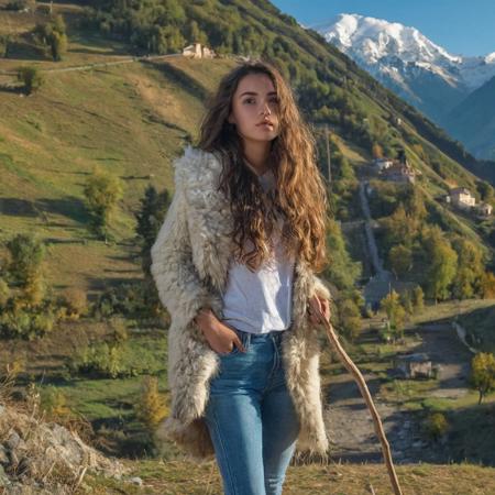 An beautiful 20yo Georgian girl with long wavy brown hair. Wearing jeans, t-shirt and a sheepskin jacket. Standing leaning on a stick,  in the mountains of Caucasus with a mountain village in the background
(masterpiece) (best quality) (detailed) (8k) (HDR)