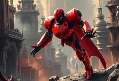 A vibrant red detailed Robotic Knight with black accents, a friendly round head, agile elongated limbs, poised in a dynamic action stance, arms outstretched, legs bent, head tilted, amidst the architecture of a Hidden City. Futuristic epic style, lifelike quality, splash ink illustration, Grammer effect, Raphael, Houdini influence. Captivating lighting. Impeccable composition, creative isometric angle. High-res 4K, Octane Render, Unreal Engine 5, matte painting quality, sharp lines, stunning harmonious colors, intricate detail. Trending on ArtstationHQ, CGSociety, Golden Ratio.