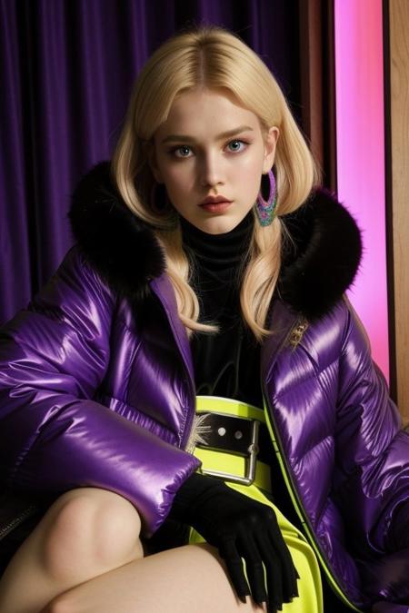 score_9, score_8_up, score_7_up , 1female, 27 years old, solo, close-up portrait, blush, happy, blue eyes, beautiful, mature female, blonde hair 
,purple hair, hands hidden or out of view, realistic, circlet, necklace, earrings, diabellze, multicolored hair, white bodysuit, multiple belts, extra decorations, cyberpunk, neon room, CyberpunkAI, thigh boots, sitting, CyberPanam, fur coat, open coat, cleavage. huge tits.