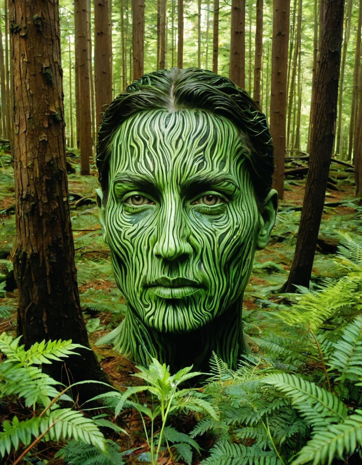 Sea of Trees, dense forest, labyrinthine paths, shades of green, (hyperrealistic facial features:1.3)