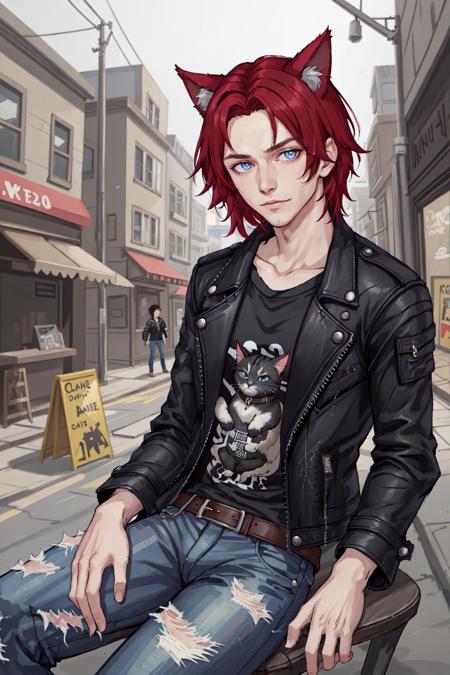 Chris_Xvoor,  1boy,  male focus,  solo,  looking at viewer, ,  blue eyes,  black hair,  animal ears,  sitting,  jacket,  red hair,  outdoors,  day,  pants,  cat ears,  blurry,  black jacket,  torn clothes,  blurry background,  denim,  jeans,  leather,  torn pants,  leather jacket,  torn jeans,  denim jacket,  upper body,  specular highlights,  detailed face,  detailed eyes,  detailed hair,  textured hair,  rim lighting,  extreme light and shadow,  masterpiece,  official art,  portrait, <lora:EMS-47371-EMS:0.500000>