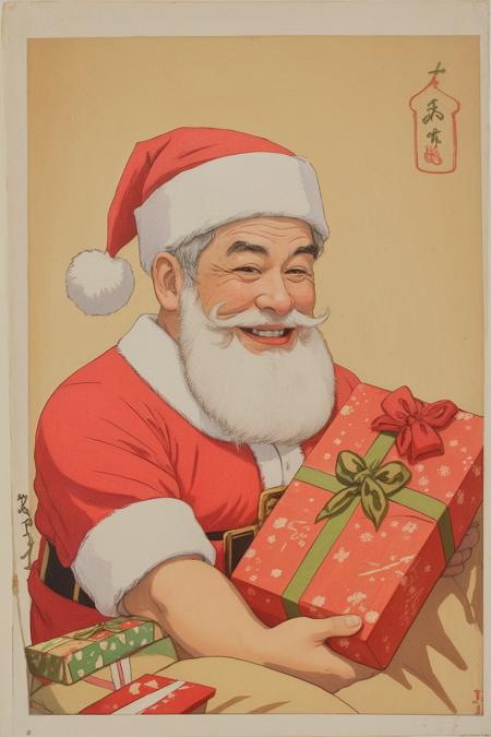 Santa Claus smiling and laughing, surrounded by a pile of gifts and Christmas decor, shin hanga style, woodblock print <lora:Shin_Hanga_sd1.5_v1:1>