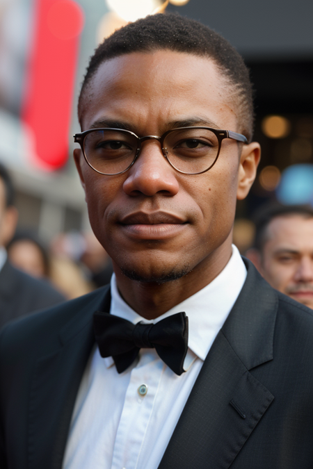 MalcolmX, (movie star at a movie premiere, premiere gala, outdoors, Los Angeles, Hollywood, outside a movie theatre:1.3), (looking at viewer:1.2), natural skin texture, smile, perfect makeup, upper body focus, formal event, modelshoot, pose, (tuxedo), 24mm, 4k textures, soft cinematic light, adobe lightroom, photolab, hdr, intricate, elegant, highly detailed, sharp focus, (cinematic look:1.3), soothing tones, insane details, intricate details, hyperdetailed, low contrast, soft cinematic light, exposure blend, hdr, faded, (paparazzi in background)