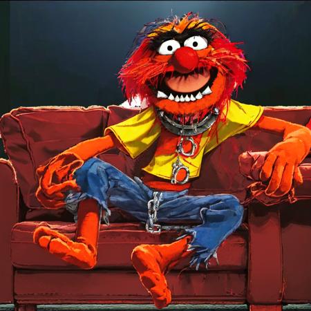 ((( a sad man sitting on a couch)) <lora:TheAnimalLoRA:1> theanimal, red hair, spiky teeth, bushy eyebrows, red full beard, collar with spikes, wristband with chains