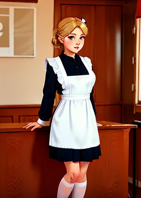 A woman 20 years old,in a Soviet school uniform with a white apron exudes an image of discipline and seriousness. Her uniform consists of a simple dress, often navy blue or black, with a white collar and cuffs. A school badge may be located on the chest. She can wear tall white socks and dressy black shoes. Hair neatly combed or gathered in a bun. A girl in a Soviet school uniform looks modest and old-fashioned, but also carries the spirit of discipline and respect for education, perfect face, ((sovietForm)),  <lora:sovietForm:0.75>