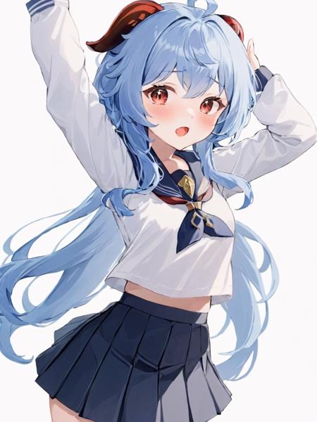 <lora:ganyu2x_xl:1>,1girl,ganyu (genshin impact),horns,long hair,blue hair,school uniform,solo,skirt,white background,serafuku,looking at viewer,red eyes,simple background,blush,bangs,long sleeves,alternate costume,open mouth,sailor collar,:o,cross,pleated skirt,ahoge,arm up,neckerchief,