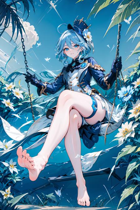 masterpiece, best quality, PIXIV,Focalors,
Focalors, 1girl, barefoot, feet, crossed legs, soles, swing, gloves, toes, thigh strap, solo, long hair, sitting, blue flower, hat, ahoge, flower, long sleeves, legs, chain, white gloves, looking at viewer, bare legs, jacket, full body, very long hair, blue jacket, butterfly, bug, thighs, bangs, jewelry, earrings, blue headwear, shorts, closed mouth, hat flower, blue rose, outdoors, holding, foot focus<lora:Focalors_20230831151016:1>