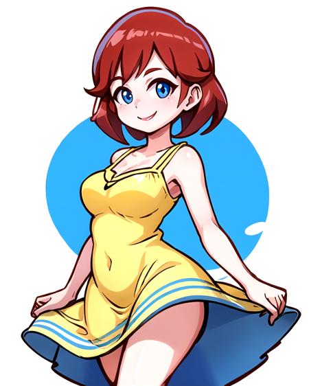 Short hair,  red hair,  blue eyes,  (yellow sundress:1.3),  smile,  (white background:1.3),  cowboy shot,  solo,  breasts, <lora:EMS-44567-EMS:0.700000>