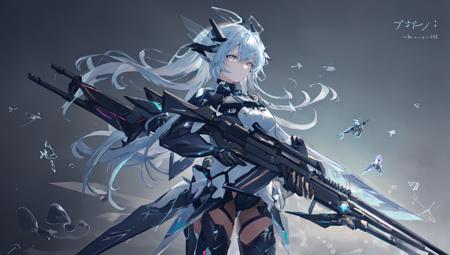 1girl, aircraft, crystal, diving, fishnets, floating_object, glowing, gradient, gradient_background, hair_between_eyes, headgear, long_hair, looking_at_viewer, mecha girl air_bubble, mecha_musume, mechanical_parts, personification, ribbon, rifle, solo, sunbeam, unsheathed, weapon <lora:mecha&weapongirl:0.7>