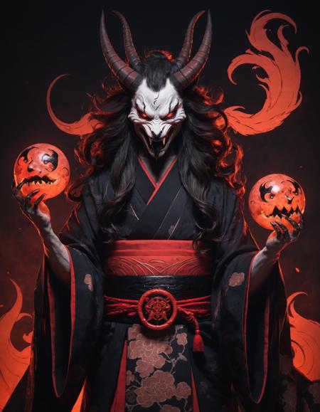 oni_mask,kimono,long_hair,pale_skin,sharp_teeth,horns,red_eyes,yurei,dark_aura,ghostly_robes,floating,malevolent_grin,ethereal_presence,clawed_hands,spectral_wings,tengu_nose,fox_features (for kitsune),snake-like_attributes (for nure-onna),shadowy_form,glowing_eyes,