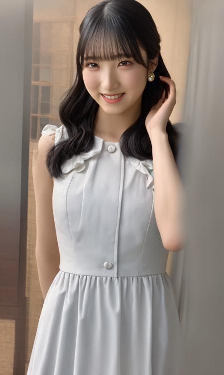 masterpiece,(realistic), highly detailed CG unified 8K wallpapers, (HQ skin:1.2),8k uhd, dslr, high quality, ((1girl, idol girl, 20 year old, dress, warm smile, hands on behind back, indoor)), dark eyes, beautiful and detailed eyes, (real skin), beautiful skin, attractive, ultra-high resolution, ultra-realistic, high-definition, earing, hayakawaseira <lora:hayakawa seira3:1>   <lora:2023costume:0.3>