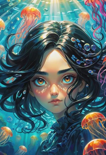 artistic portrait woman, looking at the viewer, (beautiful detailed face:1.4), beautiful long black abstract hairstyle, chubby face, under the sea, strange, surrounded by jellyfish, free fall view from above, colorful, (vibrant light:1.4), (shadow detailed:1.2), (highly detailed:1.4), anime style, speed art, abstract artistic brush strokes, (beautiful and aesthetic:1.4), masterpiece, realistic surrealist, (surrealist artistic work:1.4), (fisheye:1.6)