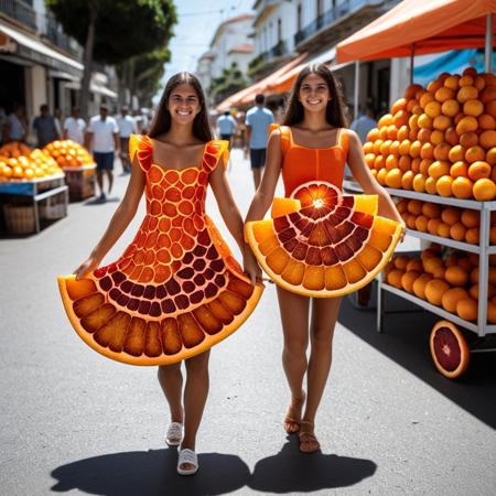 Brazilian girl, selling orange fruit in streets, wearing orange sliced shaped dress, <lora:blood_orange_world_morph_sdxl:1> , sunny day, people walking, vendor stand, blood orange style