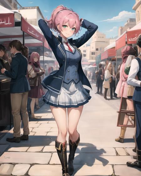 best quality, (masterpiece:1.2), illustration, absurdres,
(1girl, solo), (beautiful detailed girl),
<lora:Juna-08:0.9>, Juna Crawford, pink_hair, ponytail, hair_ornament, green_eyes, medium breasts,
blue_blazer, blue_waistcoat, blue_skirt,red ribbon, knee_boots,
desert city, middle east, middle eastern terrain, middle eastern architecture, cloudless sky, sun, day, cobblestone street, market stalls, bazaar, (crowd:1.2), middle eastern market,,
looking at viewer, smile, blush,
((arms behind head)), full body shot,