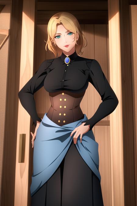 (masterpiece), high quality, (detailed background), 1girl, solo,
<lora:CastlevaniaTera-v1-07:0.6>, ChopioTera, blonde hairs, medium hair, green eyes, (looking at viewer:1.3),
(mature female:1.5), medium breasts, wrinkle
lipstick, red lips,
outfit_1, black dress, brooch, gem, long sleeves, brown corset, underbust, blue skirt, bustle skirt,
log cabin, sunny,
standing, smile, parted lips,