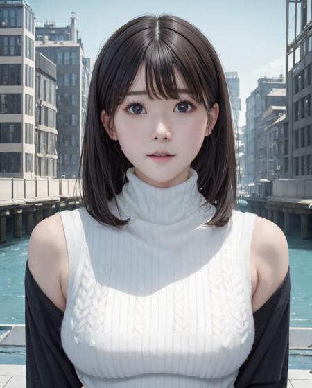 pureerosface_v1, best quality, photorealistic, 8k, high res, 1girl, woman, (skindentation), (portrait:0.6), ((cityscapebackground:2)) , ((smallsize round breast, highneck sweater:1.7)), straight-looking at viewer:1.8, (1girl eyes looking at viewer:1.45, medium-length hair, blackhair, partedbangs:1.45), photorealistic, (bokeh),   <lora:CBAV-mirai:0.69>