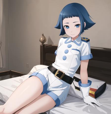 masterpiece, best quality, ultra-detailed, Sawai Riko, short hair, blue hair, blue eyes, white shirt, uniform, 3 blue buttons, white gloves, (lying on bed), black belt, white shorts, 1 girl, solo