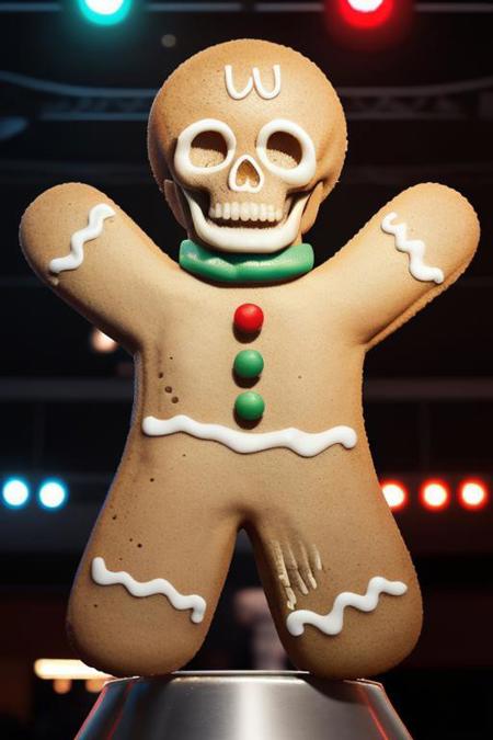 score_9, score_8_up, score_7_up, Gingerbread_Man, food, cookie, no humans, ultra realistic, bright lights, skull, podium,