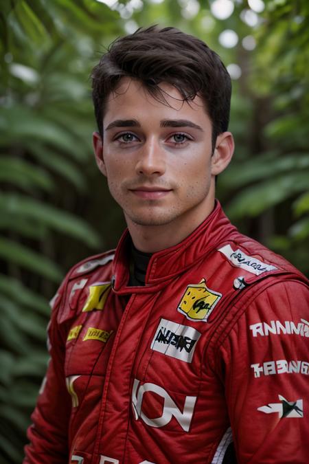 a man in a red nascar suit, in a jungle paradise, [smiling], (close up, head shot), raw, 8k, uhd, fujifilm xt3 <lora:charlesLeclerc:1>, highly detailed face