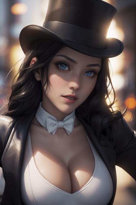 <lora:CARTOON_DC_zatanna_ownwaifu-15:1> zatanna_jacket_ownwaifu, www.ownwaifu.com, long hair, black hair, breasts, fishnets, gloves, large breasts, cleavage, pantyhose, white gloves, bow, bowtie, leotard, blue eyes, lipstick, makeup, fishnet legwear, jacket, fishnet pantyhose, hat, top hat, official art,extremely detailed CG unity 8k wallpaper, perfect lighting,Colorful, Bright_Front_face_Lighting,shiny skin, (masterpiece:1.0),(best_quality:1.0), ultra high res,4K,ultra-detailed, photography, 8K, HDR, highres, (absurdres:1.2), Kodak portra 400, film grain, blurry background, (bokeh:1.2), lens flare, (vibrant_color:1.2),professional photograph, (beautiful_face:1.5),