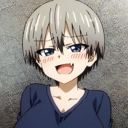 1girl, solo, bangs, uzaki hana, blue eyes, short hair, large breasts, grey hair, fang, open mouth, skin fang, smile, smug, hair between eyes, :d, looking at viewer, blush, portrait, shirt, half-closed eyes, simple background, grey background,  <lora:hana:1><hypernet:sgqo1n:1>