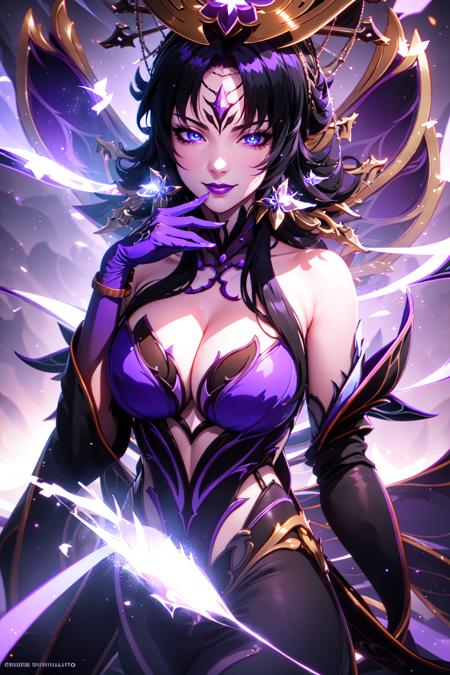 (purple phantylia),
(masterpiece, best quality, ultra-detailed), (beautiful detailed face, beautiful detailed eyes, volumetric lighting),
1girl, solo, cowboy shot, 
evil smile, hand on own cheek, 
black hair, very long hair, blue eyes, purple dress, 
(beautiful detailed background:1.2), (light particles, lens flare, chromatic aberration:1.3),