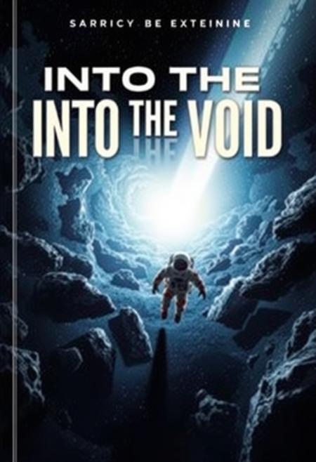 A book of a space adventure with the front cover saying "Into The Void", shows an astronaut going through an unknown section of space