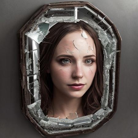 "fantasy goddess of mirrors", reflective, shatter, crash, broken glass, full portrait, finely drawn eyes, 8k resolution