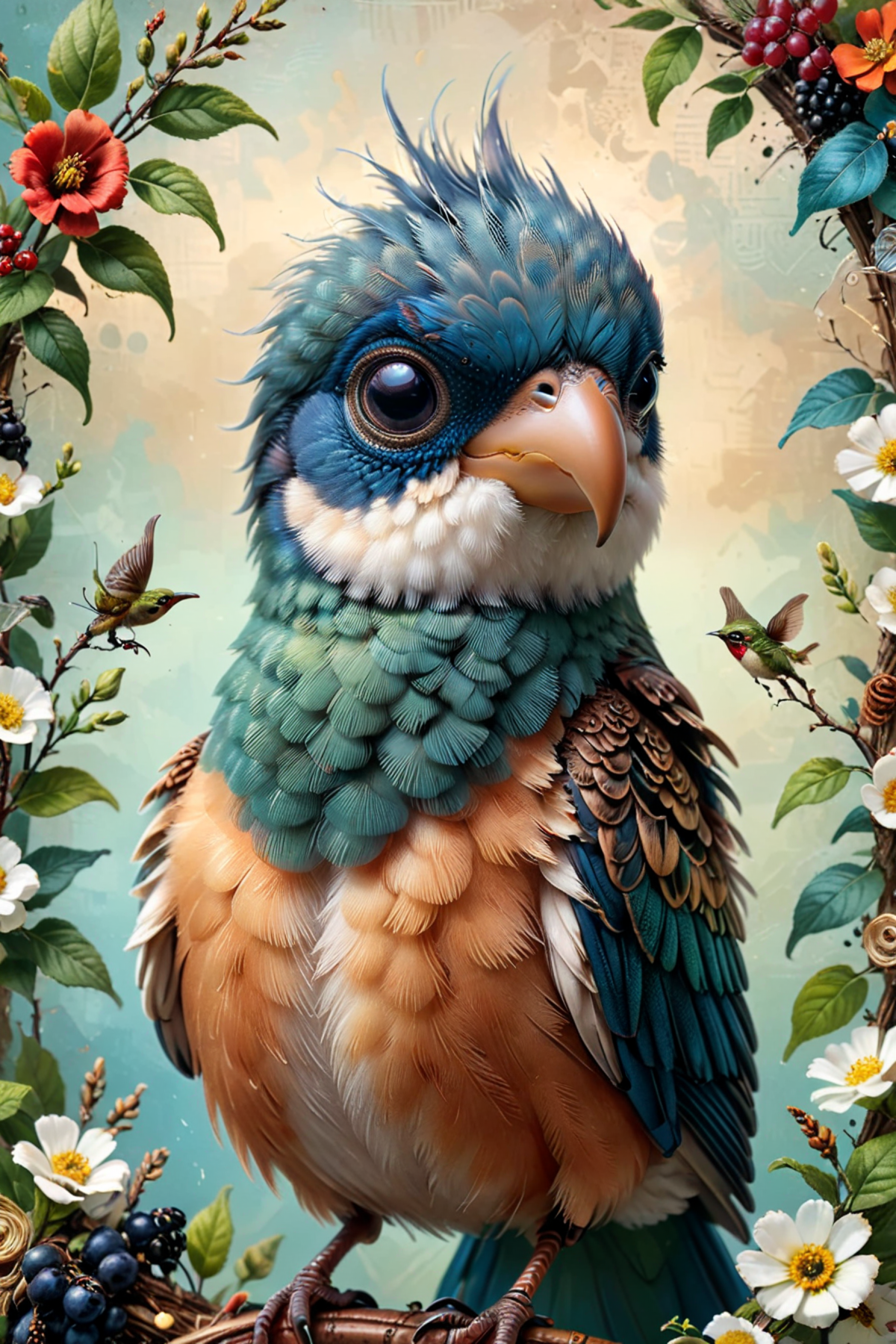A blue bird with a white face, surrounded by flowers and berries.