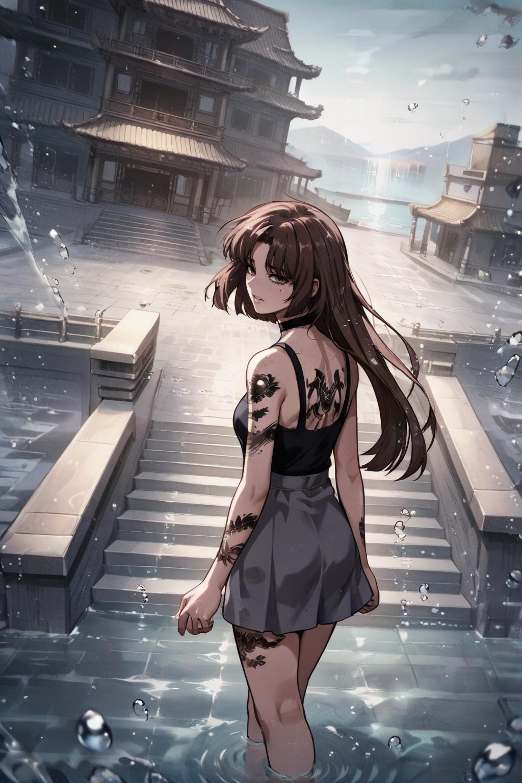 zPDXL3, score_9_up, score_8_up, score_7_up, (Anime_source), Manhwa-artsyle, cowboy shot, 1girl, long hair, looking back, looking at viewwer, architecture, choker, short hair, brown hair, water drop, glitch, tattoo, wind, stairs, two-tone hair, freckles, water, own hands clasped