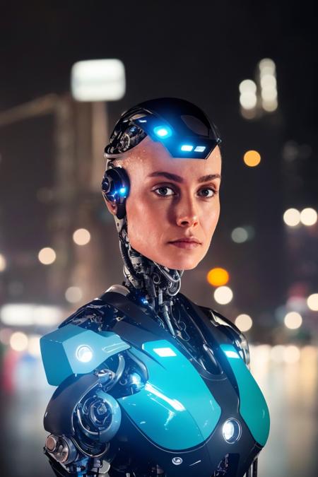 face closeup, (futuristic cyborg lady:1.25), mechanical body, rainy, wet, at night, neon light, soft colors, bokeh, masterpiece, high quality, (high detailed skin:1.1)
<lora:brie_larson_lora_v01:1> brie89