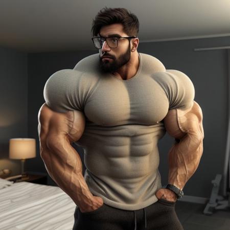 low angle view, looking down,  ((pec_pov_meme)), Massively vascular bodybuilder, shirtless, German, pale skin, standing in bedroom  stubble, beard, body hair, chin nestled in pecs, pumped pecs, extreme veins, extremely defined, very short neck, large convex shoulders, square jaw. A lean, handsome man with big brown eyes, black hair, short fade haircut, light body hair, 30 years old, dramatically increased pec muscles, (far-protruding pecs), shirtless, 12-pack abs, (extra abs), hyper-defined abs, under-trained legs, and square glasses., hyper muscles, hsmusclematt , BrutalMass, unrealistic body proportions,