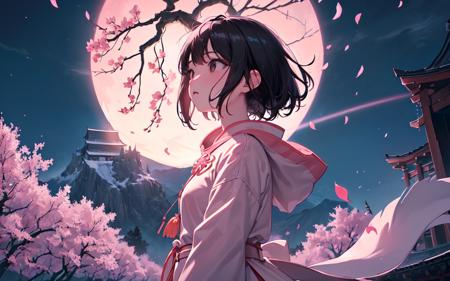 (best quality, masterpiece),(1girl, miko, coat, expression face, black eyes, looking away ,black hair, walking, upper body), (night strray sky, huge old tree behind, falling glowing pink petals behind, shrine behind, mountain background, blowing wind, meteoric cloud)