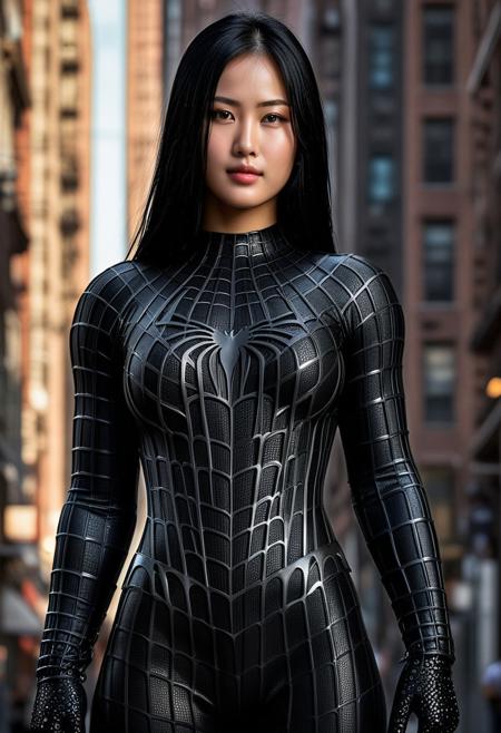 score_9, score_8_up, score_7_up, best quality, realistic, masterpiece, beautiful detail, hyperrealistic, afternoon sky, ((1girl, woman body, big breasts)), amazing detailed full body portrait of a beautiful korean  girl, wearing a realistic and highly detailed black raimi spider-man suit, ((huge muscular girl)), professional model wears ultra - detailed black raimi spider - man suit, ultra - detailed and grained black raimi spiderman suit, suit covered entire body and hand, black spiderman gloves, wet, (black hair, middle part, pale black eyes, looking at viewer, seductive pose, smile), (full body), (dirty skin), close up, octane render, highly detailed, volumetric, dramatic lighting, (highest quality:1.1), (HDR:1.3), (top quality, best quality), realistic, high definition, Expressionism - sharp focus, professional photography, masterpiece, ultra detailed photograph, high quality, 8k,