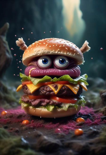 source_cartoon, the style of Labirynth, (monster hamburger:0.8) the dark crystal movies , close up of (nature) and (sad) creature with a (diminute) sword stained with (magic), in a beautiful and ruined ,fantasy,hyper detailed, real food imperfections, hard lighting, bokeh, ((curi:1.2))(inspire forms in most beautiful monsterhamburger photo:1.4) (angry:1.4) (ambient sad:1.4)(beautiful colors in fantasy world:1.4) (amazing luminous particles floating in the air:1.5), by jay naylor, score_9, score_8_up, score_7_up, score_6_up, score_5_up, score_4_up