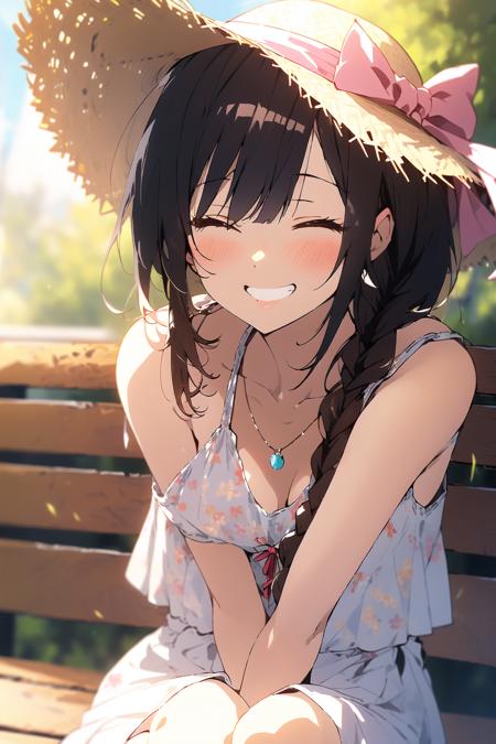 (masterpiece:1.2), best quality,cozy anime,
1girl, solo, smile, sitting, hat, shoulder cutout, braid, dress, brown hair, closed eyes, twin braids, blush, long hair, bench, grin, outdoors, white dress, jewelry, clothing cutout, bangs, necklace, floral print, blurry, hand between legs, blurry background, between legs, bow, facing viewer, breasts, bare shoulders, sun hat, straw hat, day, collarbone, hair bow, short sleeves, feet out of frame, ribbon, brown headwear, on bench, depth of field, park bench, ^_^, hair over shoulder
<lora:cozy anime_20230630155224:1>