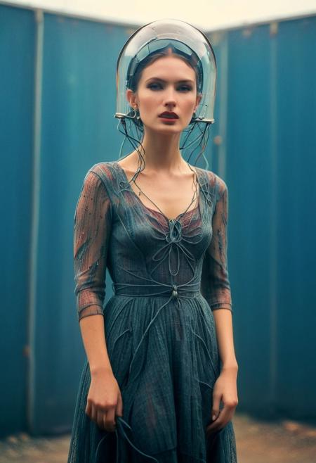 Create an image of an female Slender translucent dark-red skinned female, Long billowing dress Made of cables and hoses, standing at a corner, peeking out curiously. It is wearing a vintage suit with a hat and tie. The colors of the image should be vibrant dark-blue water, giving it a vintage look. The background is a downtown area on a sunny morning, with birds visible in the scene.
 volumetric lighting, atmospheric haze, Film grain, cinematic film still, shallow depth of field, highly detailed, high budget, cinemascope, moody, epic, OverallDetail, gorgeous, 2000s vintage RAW photo, photorealistic, candid camera, color graded cinematic, atmospheric lighting, skin pores, imperfections, natural, shallow dof,