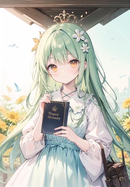 (pixiv masterpiece),best quality,green hair,orange eyes,clover hair ornament,long hair,disheveled hair,messy hair,crown,jewelry,depth of field,birds,1th anniversary,sunlight,holding a book,princess dress,at school,flowers,<lora:wvb-000008:1>,