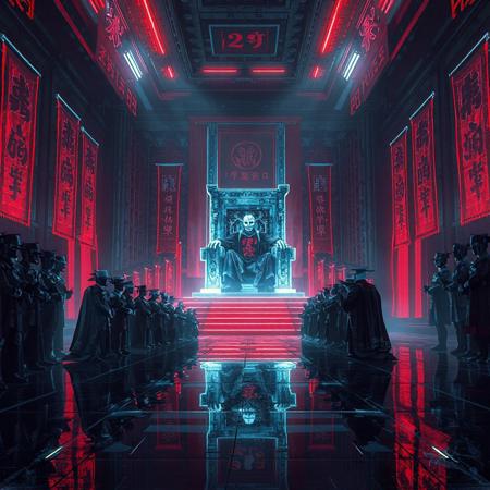Sketch of TONTON REVOLVER - ArtStation. A line of powerful envoys, augmented nobles, and masked corporate lords kneel in silence before the towering Cyber Shogun seated on his glowing throne.
The throne room pulses with deep red and cold white neon, casting long shadows over the polished obsidian floor.
AI-controlled banners ripple with animated imperial glyphs.
The Shogun, emotionless and supreme, watches from above — flanked by twin sentry drones and armored retainers.
The atmosphere is ceremonial, terrifying, elegant: cyberpunk feudalism meets hypermodern statecraft.
Ultra-detailed, cinematic lighting, high-tech royalty, cyberpunk Japan, intense contrast, sharp reflections, futuristic luxury, 8K realism.