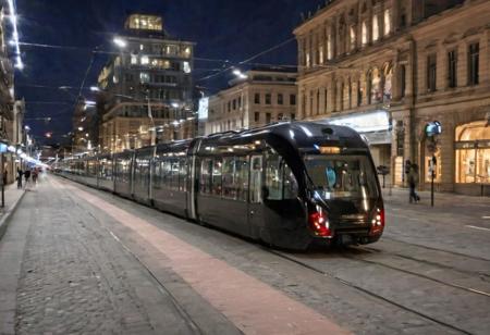 Raw photo,( shallow depth of image:1.2), (minimalistic:1.4), outdoors, wide shot of the downtown of Helsinki, tram, bike riders, night, black bullet train, 38 mm photograph, professional, FOV, HDR, natural lighting, motion blur, lowfi, KodakPhotoMaybe, Photographer Reuben Wu Style