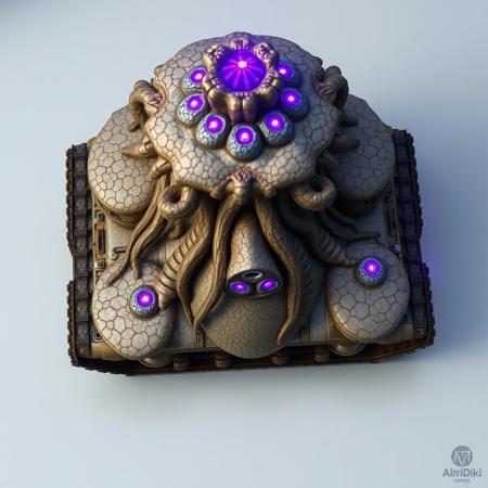 ((top view)), (tank),
Tall tank with fungal tower rising from the center and spreading cap-like armor out over the body.
Chassis: Coral-like chitin plating, semi-organic with branching root textures. Slight iridescence in shifting light.
Tracks: Short, stocky treads with fungal lattice stabilizers over each corner.
Details: Central tower leaks bio-mist during idle. Crust-like armor plates pulse faintly as mycelial network reconfigures.
Lights: Purple luminescence from fungal nodes. Spore lamps blink in repeating bio-patterns.