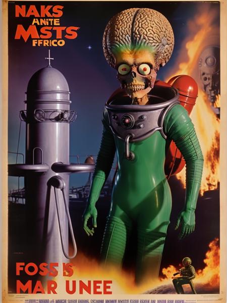 Naked Man  <lora:MarsAttacks:0.7>  MarsAttacks! 1950's sci fi poster art  forbidden planet style UFO bridge