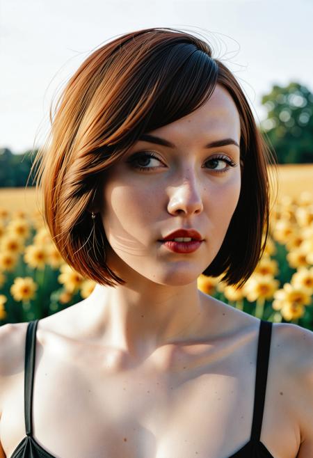 (Close up analogue photo) of a beautiful 25 years ((pale skin)), oval face, auburn haired woman, <lora:Jacinta_SDXL:0.7>,wearing Geometric Animal Tattoo, ((cute-bob-haircut:1.5)),,high quality, film grain, Fujifilm XT3, 8k uhd, dslr, film grain, kodak tri-x 400 film, grain photo DOF, faint lighting, dynamic angle, cinematic, Depth of field, bokeh, best quality, cinematic, light particles, highly_detailed, very_aesthetic, golden hour, beautiful_and_aesthetic ,Sexy pose, erotic pose, exhibitionism ,Flower meadow